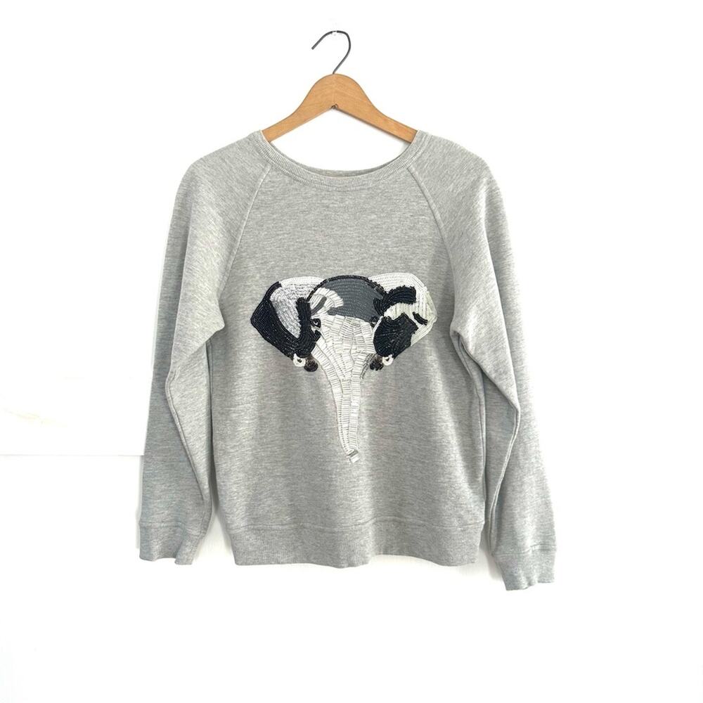 Anthropologie x Uzma Bozai Grey Beaded Elephant 100% Crewneck Cotton Sweater XS